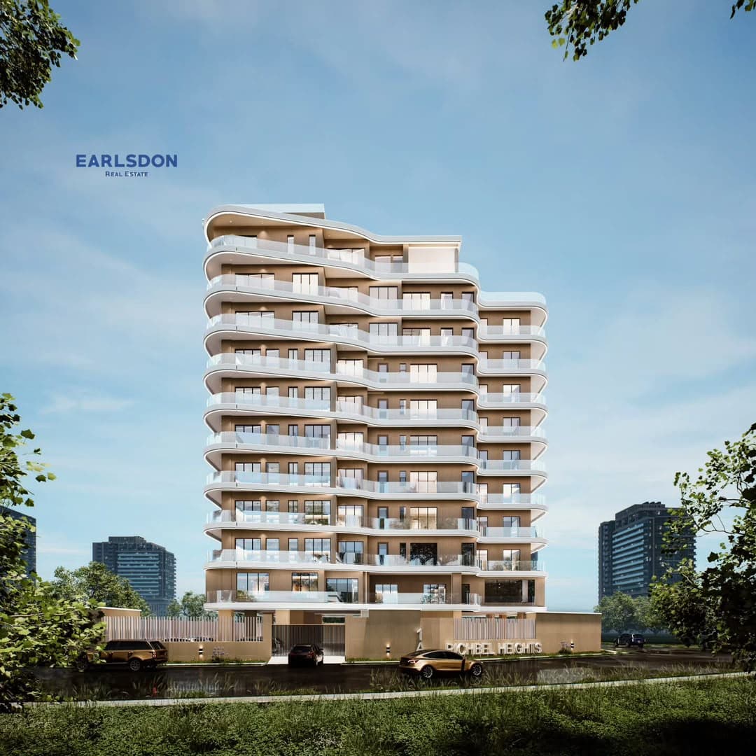 Earlsdon development: a tall residential tower with wraparound balconies by the water